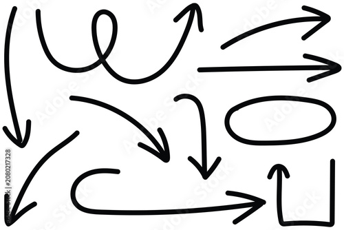 Hand drawn vector graphics with various arrows on white background