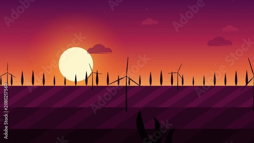 Sunset scene with wind turbines and fence in parallax animation style