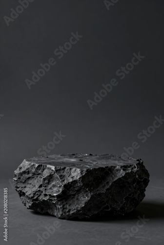 Rugged dark volcanic black rock podium for product display, textured stone stage with dramatic moody lighting