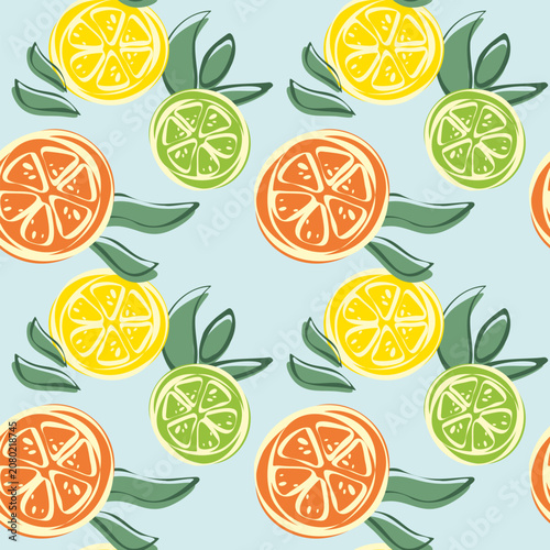 Vibrant seamless pattern of stylized citrus slices with green leaves. Ideal for summer kitchen textiles, beverage packaging, and cafe wallpaper.