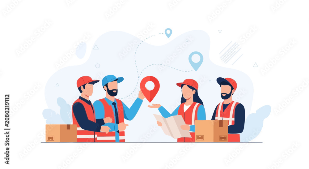 Fototapeta premium Delivery Team Planning Route with Map and Location Pins, Logistics and Shipping Concept