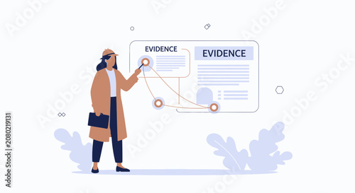 Detective analyzing evidence board, concept of investigation, crime solving, and data analysis