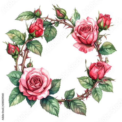 Pink Rose Flower Wreath With Buds And Leaves.