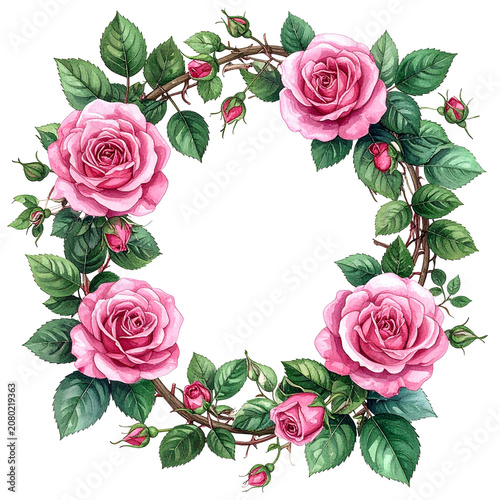 Pink Rose Floral Wreath with Green Leaves.
