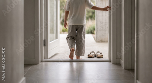 Back view of a barefoot child walking out an open glass door onto a patio leaving sandals behind