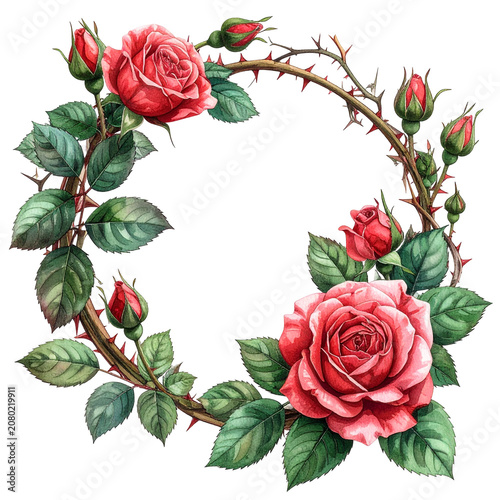 Red Rose Floral Wreath with Green Leaves.