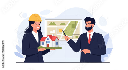Real Estate Agents or Architects Discussing House Model and City Map Plans