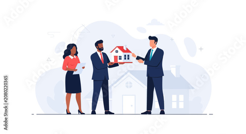 Real Estate Transaction: Agent Shows House Model to Buyers, Representing Property Sale, Homeownership, Investment
