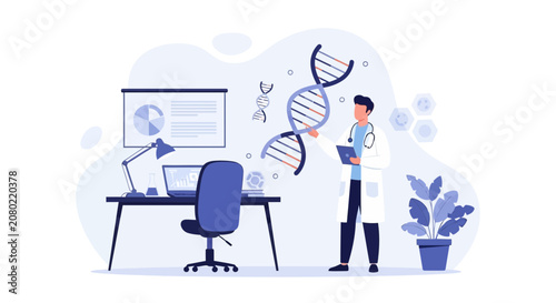Scientist examining DNA helix in laboratory, genetics research and medical science illustration