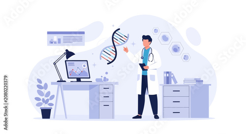 Scientist in Lab Coat Examining DNA Helix in Modern Laboratory with Computer and Research Data
