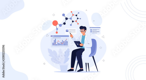 Scientist Analyzing Data and Molecular Structure with Digital Tablet and Graphs in Modern Lab Setting