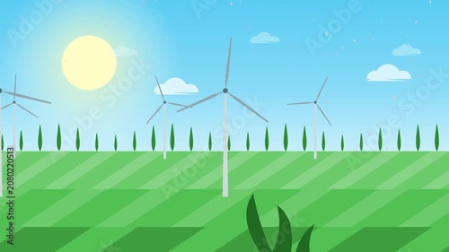 Green field with wind turbines under sunny sky with parallax animation effect