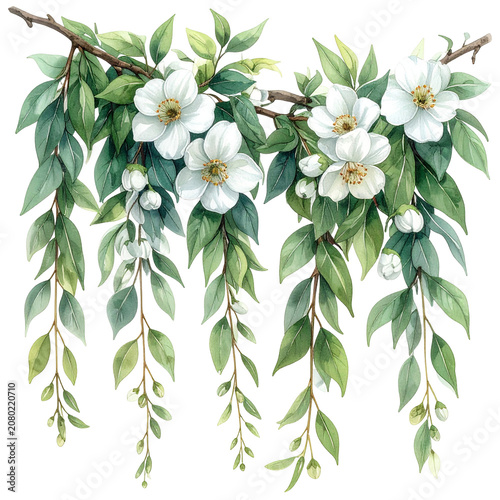 White Magnolia Flowers with Green Leaves on Branch.