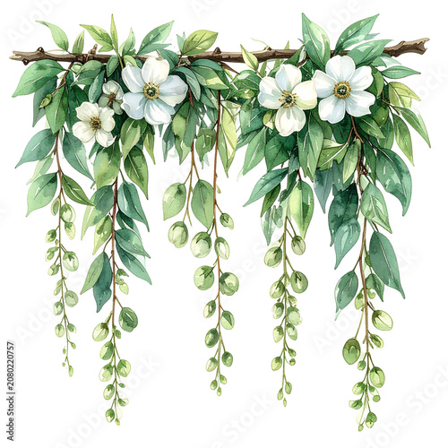 White flowers with green leaves hanging decoration.