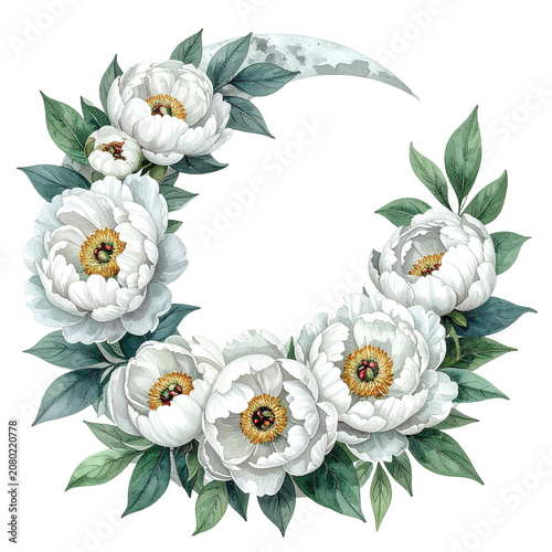 White Peony Floral Crescent Wreath Design.