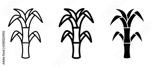 Sugarcane Plant Icons, Simple Line Art and Silhouette Vector Graphics for Sweetener and Agriculture Concepts