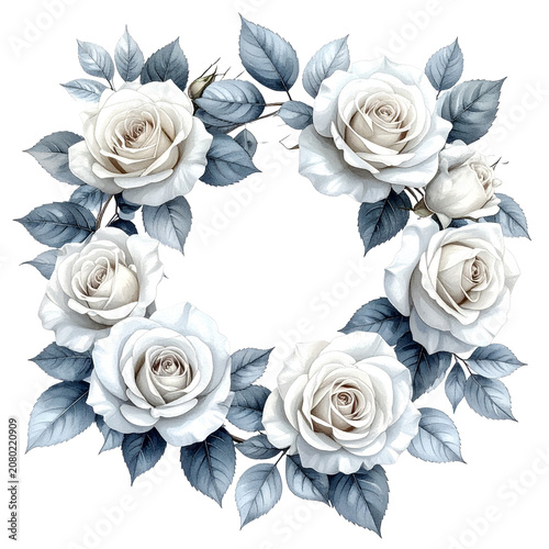 White roses floral wreath with blue leaves.
