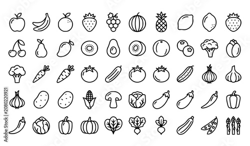 Thin Line Fruits and Vegetables Icon Pack Vector EPS10