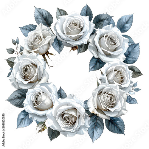 White Rose Floral Wreath with Blue Leaves.