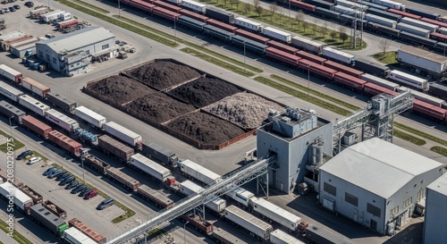 Aerial view of a large-scale industrial composting facility with trucks and trains, showcasing organic waste processing operations