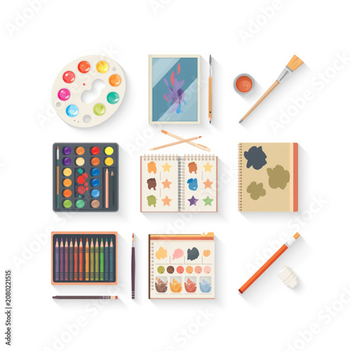 Fine Art Studio Tools and School Stationery Objects Flat Vector Set