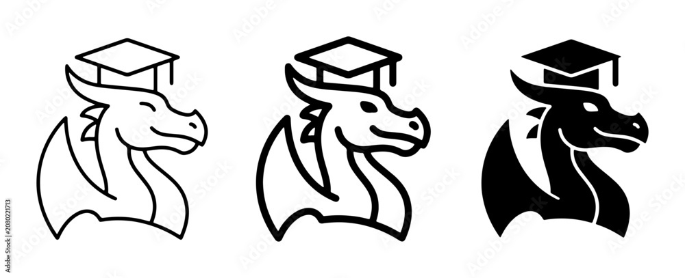 Obraz premium Dragon Graduation Cap Icons: Mythical Creature Education Symbol, Scholastic Mascot Vector Art, Academic Achievement Emblem