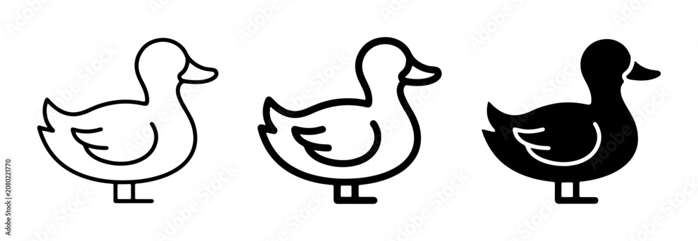 Obraz premium Duck Icons Set: Simple Line Art and Solid Silhouette, Vector Graphics for Wildlife and Nature Themes