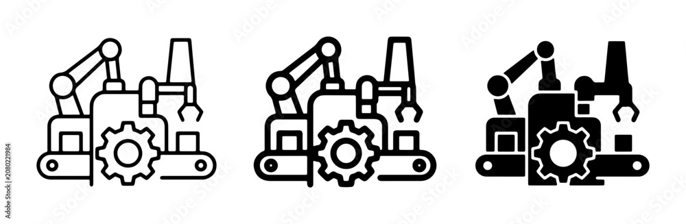 Fototapeta premium Industrial Automation Icons: Robotic Arm, Conveyor Belt, Gear System, Factory Machine, Manufacturing Process, Production Line, Engineering Technology, Modern Industry
