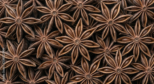 Full frame macro background of dry raw star anise pods