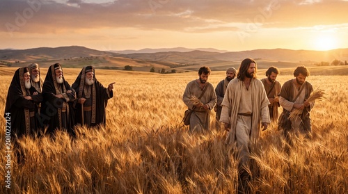 Jesus Christ leading his disciples through a golden wheat field at sunset while Pharisees watch and point accusingly, representing the Biblical scene of plucking grain on the Sabbath.