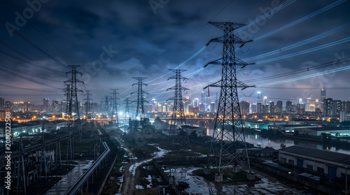 Electricity Transmission Towers Connecting a Modern City at Night
