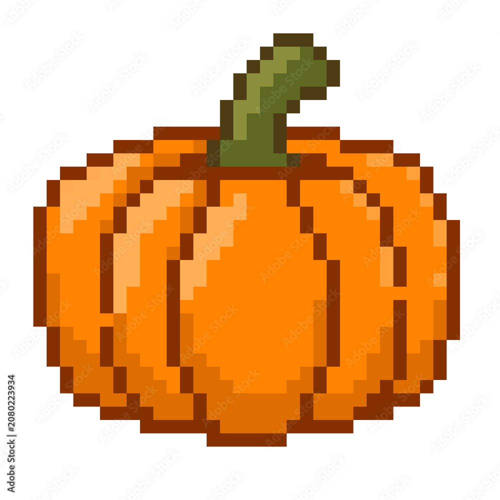 Fototapeta premium Cute pixel art pumpkin with green stem for retro games and Halloween