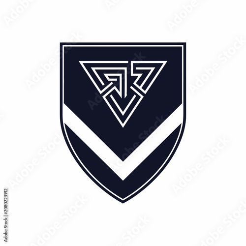 Geometric shield emblem with interlocking triangular knot.