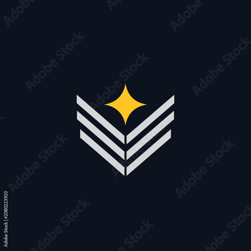 Geometric star and chevron logo on dark background.