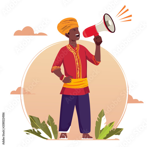 Man in traditional clothing holding megaphone illustration