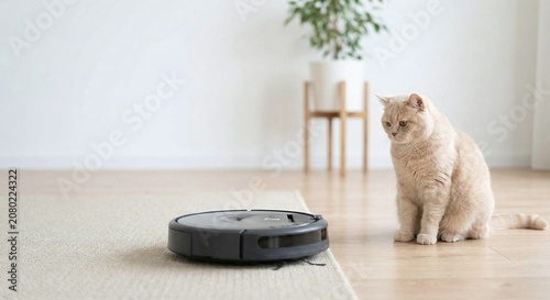 Cat watching robot vacuum cleaner on floor