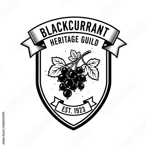 Εκτύπωση καμβά Blackcurrant heritage guild monochrome fruit with vintage leaf accent for organi