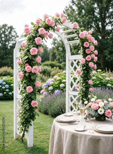 white wooden wedding arch in a lush garden