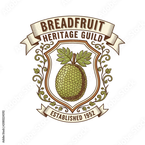Fotografie Breadfruit heritage guild vintage agricultural crest with rustic tropical fruit