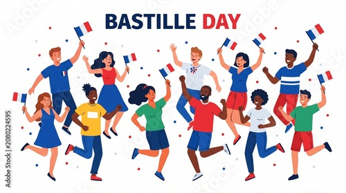 Diverse group of people celebrating Bastille Day with French flags and confetti