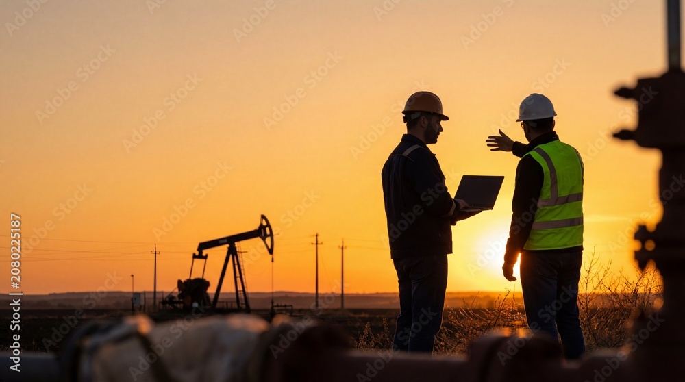 Fototapeta premium Workers inspect drill manufactory at sunset with laptop