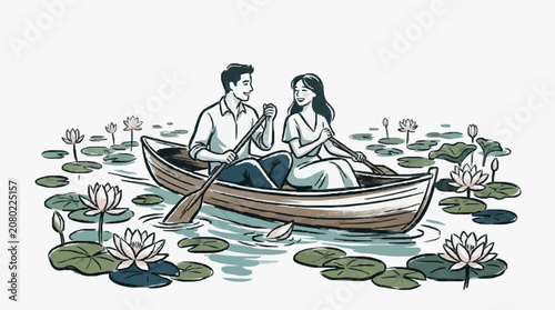 Canvastavla Couple in a small boat on calm water rowing together.