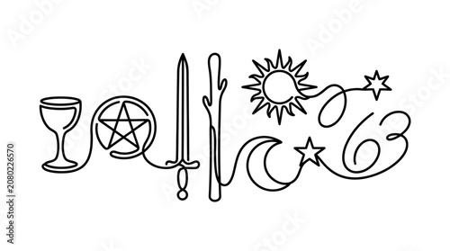 Foto Esoteric Symbols: Tarot, Magic, Celestial Icons in Continuous Line Art