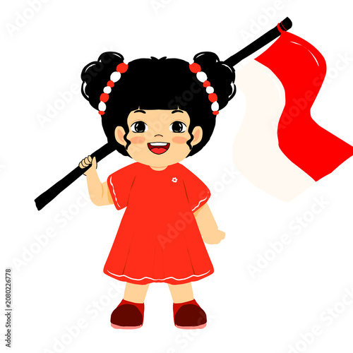 Cute Little Girl Holding Indonesian Flag Cartoon Illustration