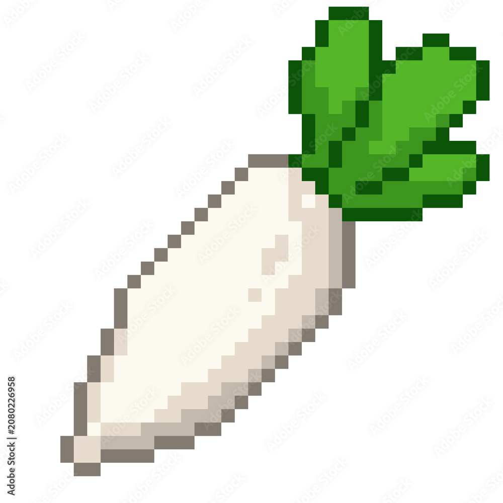 Obraz premium Cute pixel art white turnip or daikon radish, organic vegetable illustration