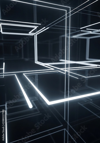 Neon, glowing, white, futuristic lines, geometric shapes, abstract background, dark, technology concept