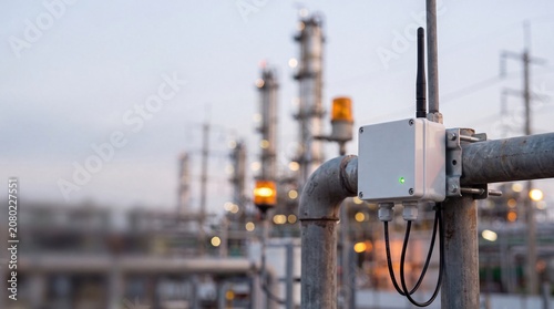 Industrial equipment with wireless transmitter on a pipe, background of oil refinery with smokestacks and lights, evening setting.