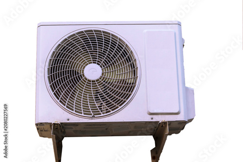 White outdoor air conditioning unit mounted on a wall for residential climate control cooling systems