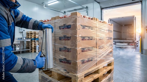 Worker Wrapping Pallet of Fresh Tomatoes with Stretch Film for Refrigerated Transport