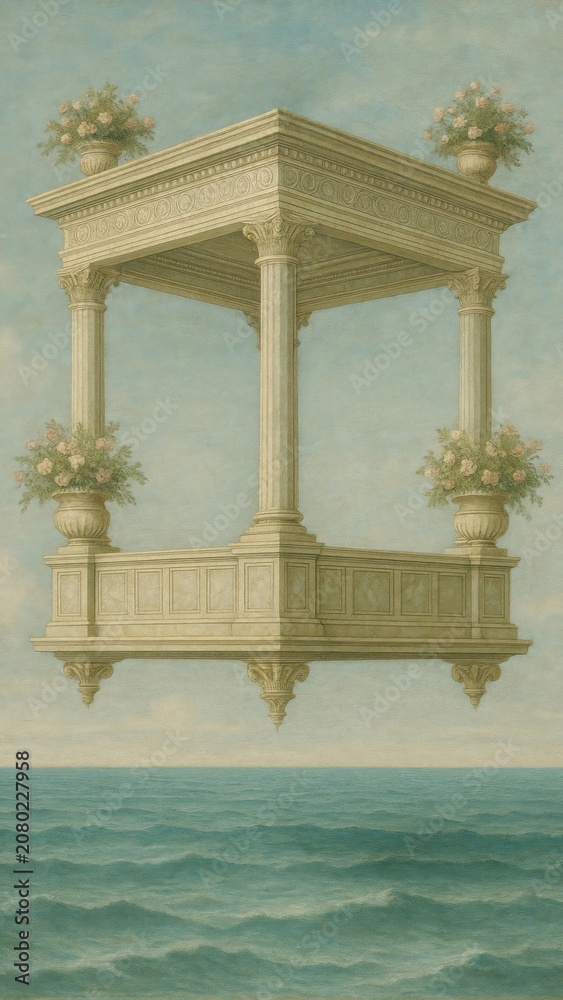 Obraz premium Floating classical pavilion above ocean.